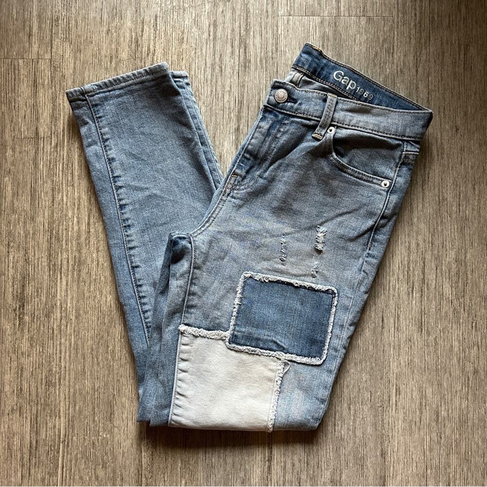 GAP Light Wash Distressed Rips Patchwork Mid-Rise… - image 1
